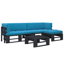 Salon de jardin palette 4 pcs et coussins pin imprégné de noir