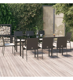 Mobilier à dîner de jardin 9pcs et coussins noir résine tressée