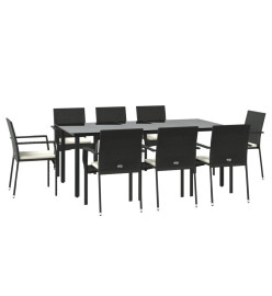 Mobilier à dîner de jardin 9pcs et coussins noir résine tressée