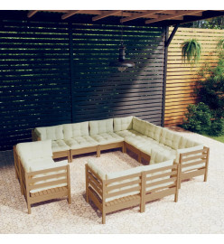 Salon de jardin 11 pcs avec coussins Marron miel Bois de pin