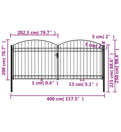 Portillon double porte avec dessus arqué Acier 400x200 cm Noir