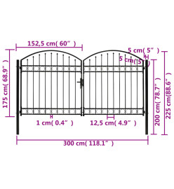 Portillon double porte avec dessus arqué Acier 300x175 cm Noir