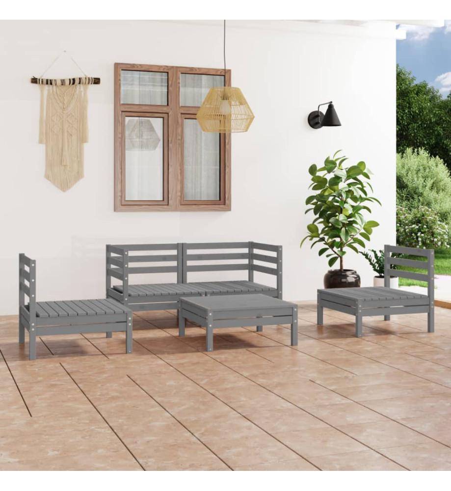 Salon de jardin 5 pcs Gris Bois de pin massif