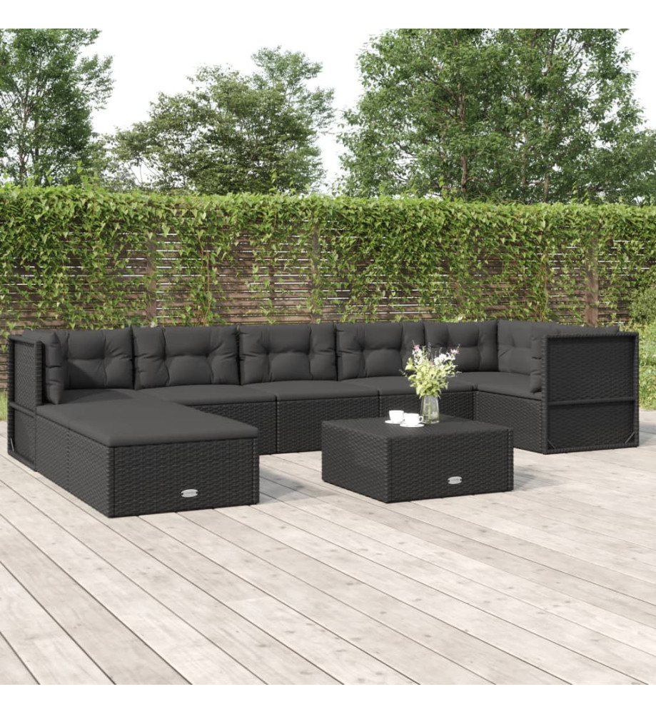 Salon de jardin 8 pcs avec coussins noir résine tressée