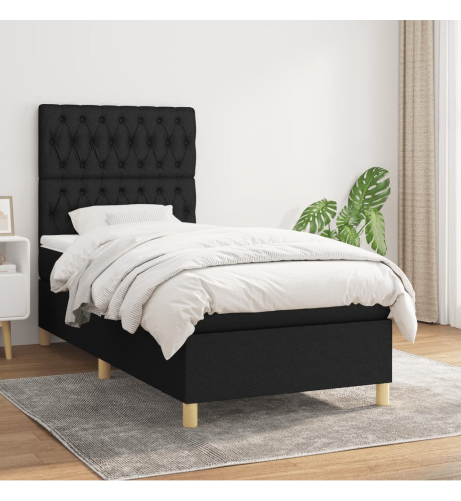 Lit à sommier tapissier avec matelas Noir 100x200 cm Tissu Lit à sommier tapissier avec matelas Noir 100x200 cm Tissu