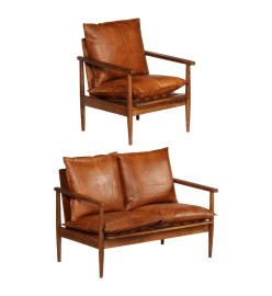 Ensemble de canapés 2 pcs Marron Cuir véritable et acacia