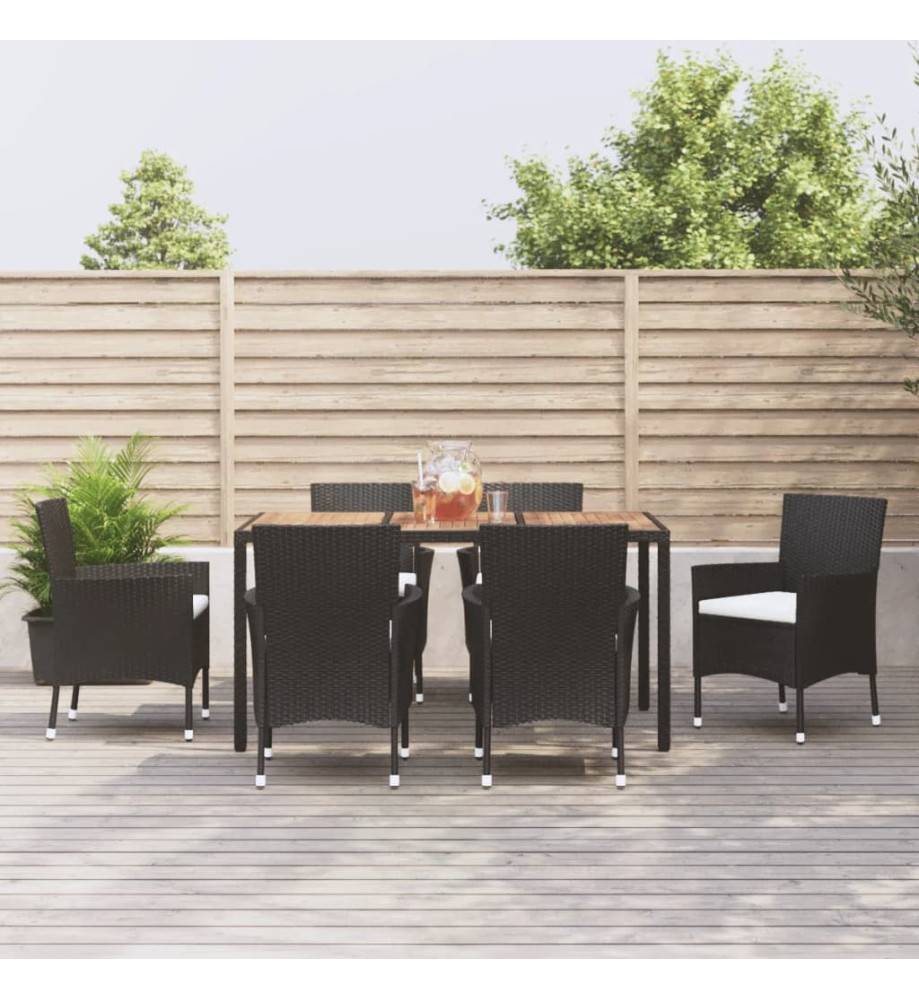 Ensemble à dîner de jardin et coussins 7pcs Noir Résine tressée