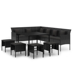 Ensemble à dîner de jardin et coussins 6pcs noir résine tressée