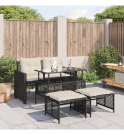 Salon de jardin avec coussins 4 pcs noir résine tressée verre