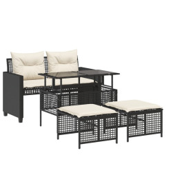 Salon de jardin avec coussins 4 pcs noir résine tressée verre