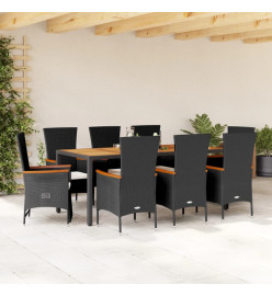 Ensemble à manger de jardin 9pcs coussins noir résine tressée