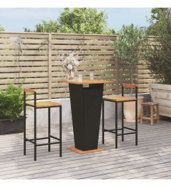 Ensemble de bar jardin 3 pcs noir poly rotin/bois massif acacia