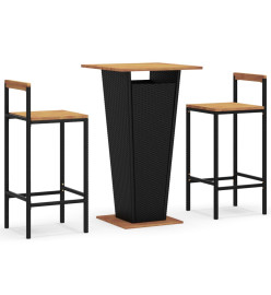 Ensemble de bar jardin 3 pcs noir poly rotin/bois massif acacia