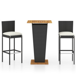 Ensemble de bar de jardin 3 pcs et coussins Résine tressée Noir