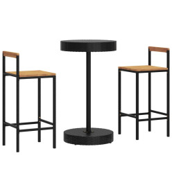 Ensemble de bar jardin 3 pcs noir poly rotin/bois massif acacia