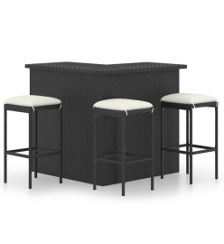 Meuble de bar de jardin 4 pcs avec coussins Résine tressée Noir