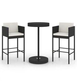Ensemble de bar de jardin 3 pcs et coussins Résine tressée Noir