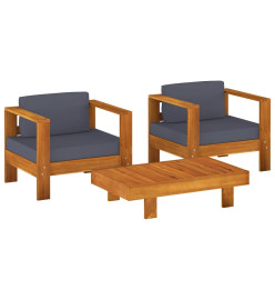 Salon de jardin 3 pcs avec coussins gris foncé Bois massif