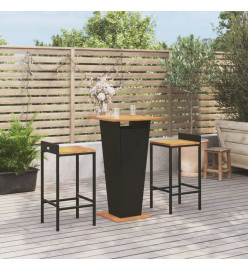 Ensemble de bar jardin 3 pcs noir poly rotin/bois massif acacia