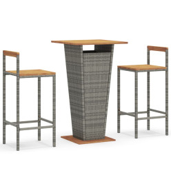 Ensemble de bar jardin 3 pcs gris poly rotin/bois massif acacia