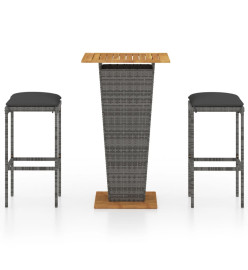 Ensemble de bar de jardin 3 pcs et coussins Résine tressée Gris