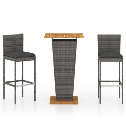 Ensemble de bar de jardin 3 pcs et coussins Résine tressée Gris