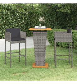 Ensemble de bar de jardin 3 pcs et coussins Résine tressée Gris