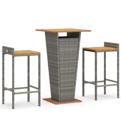 Ensemble de bar jardin 3 pcs gris poly rotin/bois massif acacia
