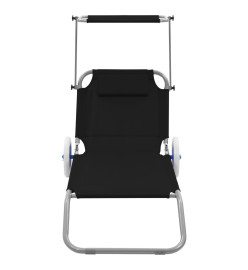 Chaise longue pliable avec auvent et roues Acier Noir