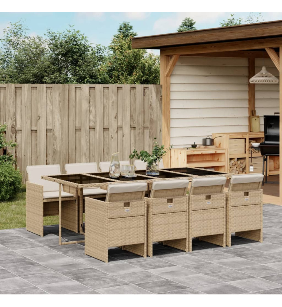 Ensemble à manger de jardin et coussins 9 pcs beige Poly rotin Ensemble à manger de jardin et coussins 9 pcs beige Poly rotin