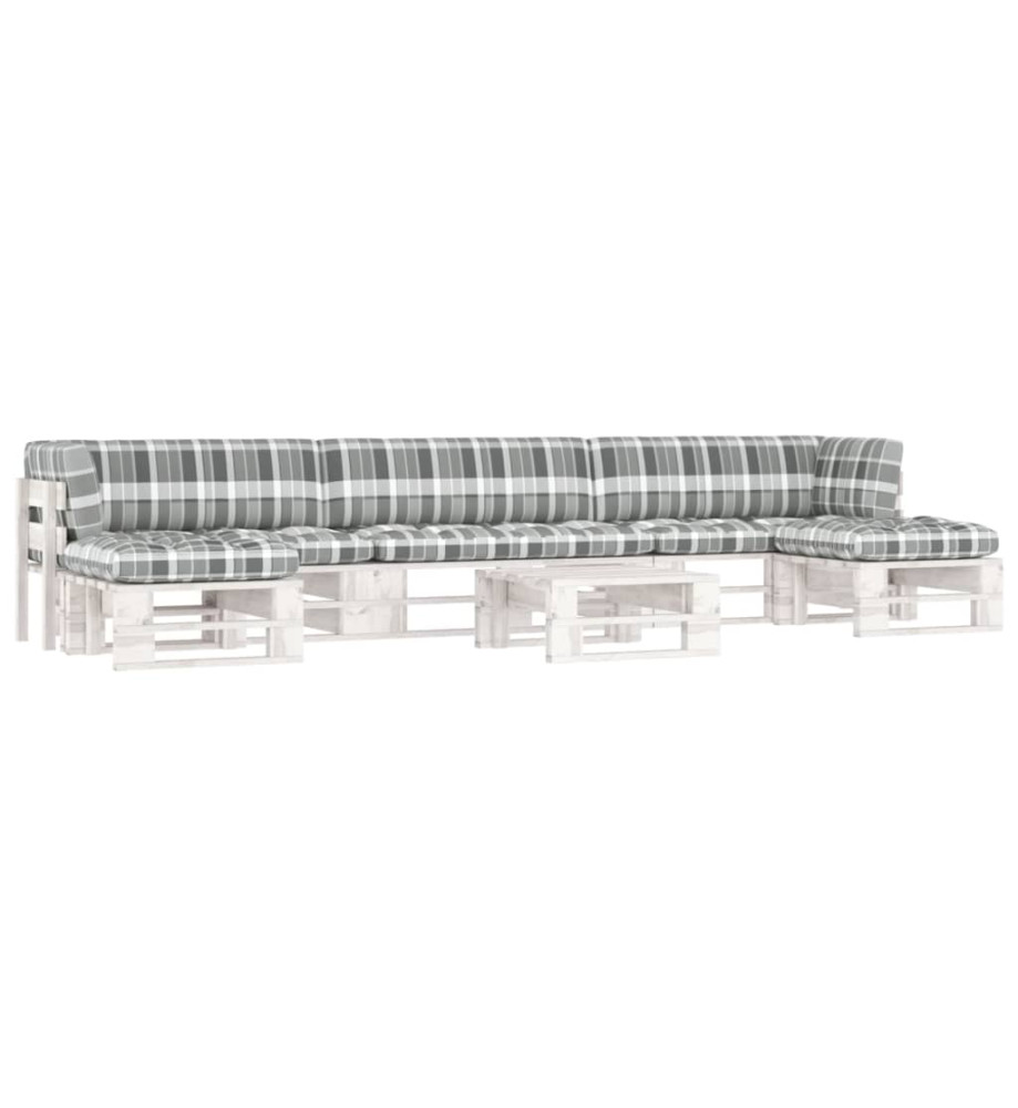 Salon de jardin palette 6 pcs et coussins pin imprégné de blanc Salon de jardin palette 6 pcs et coussins pin imprégné de blanc