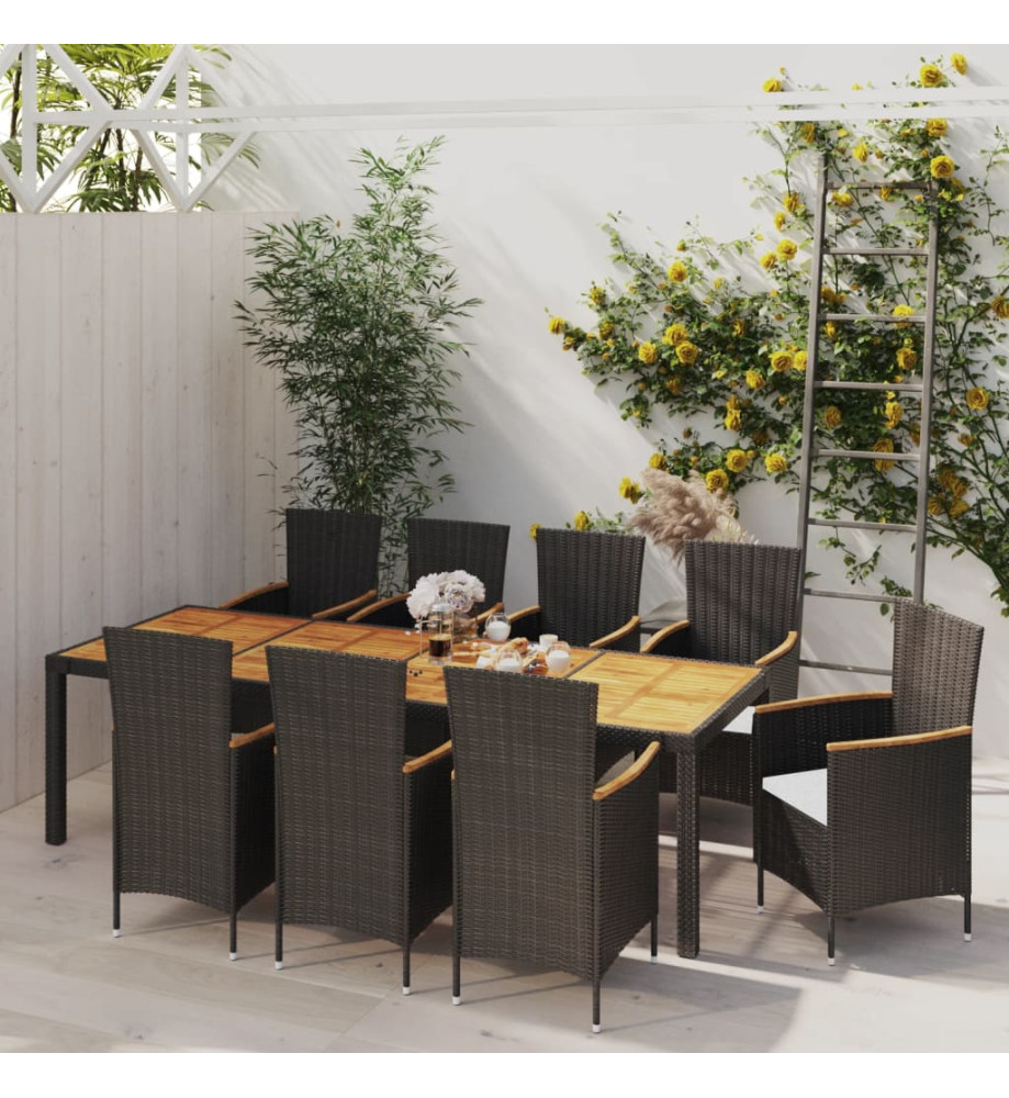 Mobilier à dîner de jardin 9pcs et coussins Résine tressée Noir