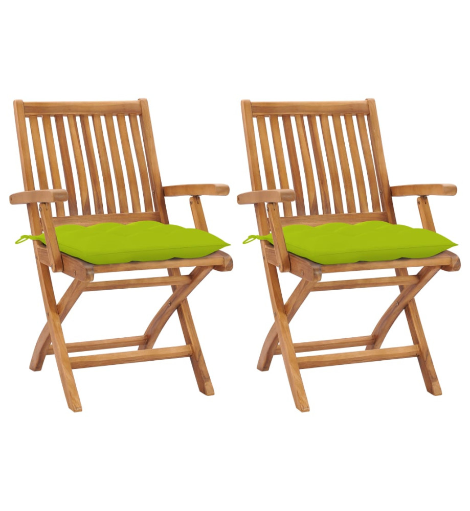 Chaises de jardin 2 pcs avec coussins vert vif Bois de teck Chaises de jardin 2 pcs avec coussins vert vif Bois de teck