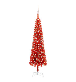 Arbre de Noël mince avec LED et boules Rouge 180 cm