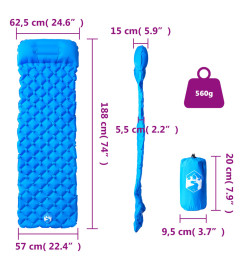 Matelas de camping gonflable avec oreiller intégré bleu