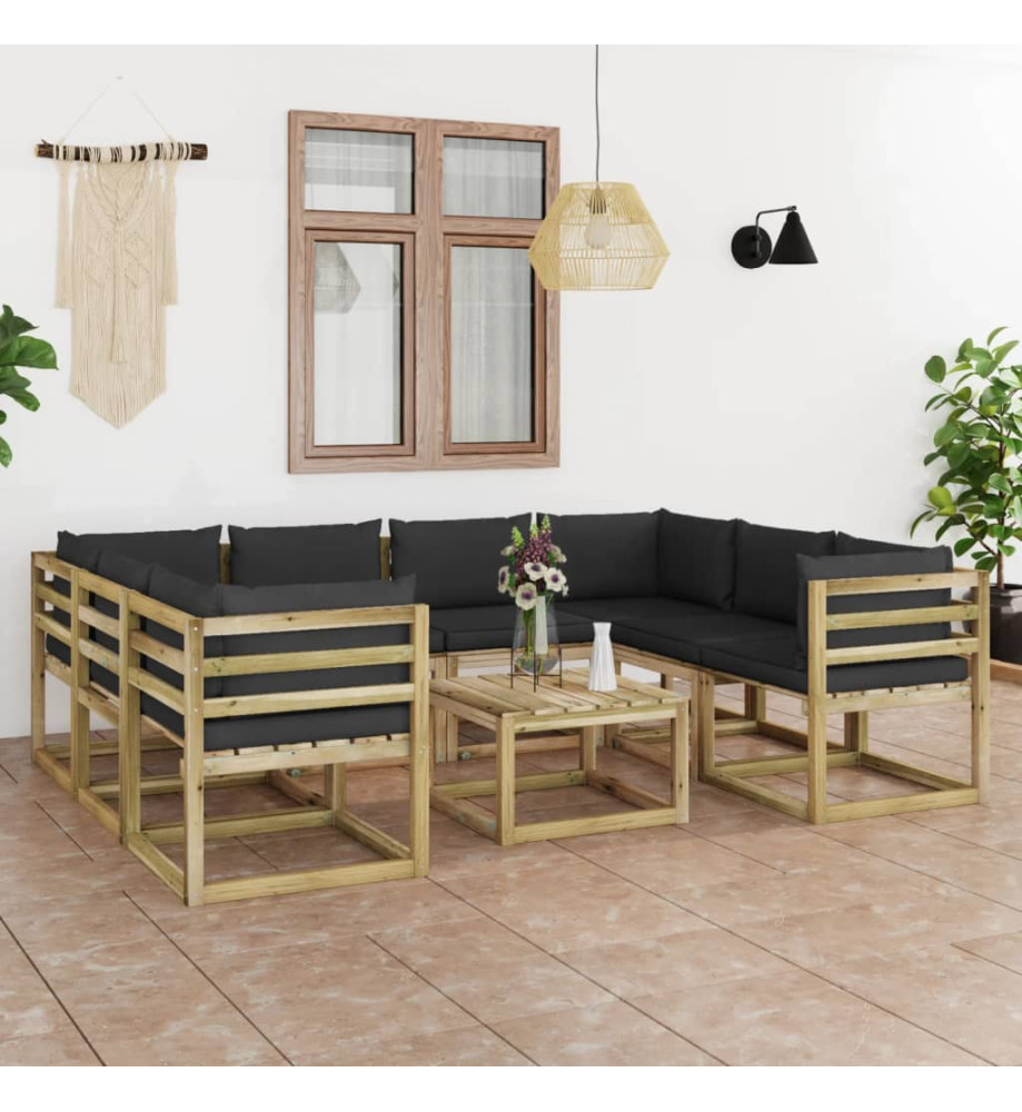 Salon de jardin 9 pcs avec coussins bois de pin imprégné