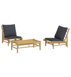 Salon de jardin 3 pcs avec coussins gris foncé bambou