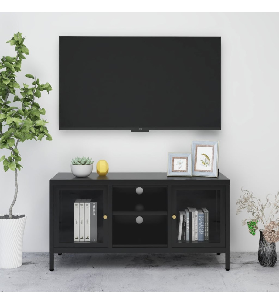 Meuble TV Noir 105x35x52 cm Acier et verre