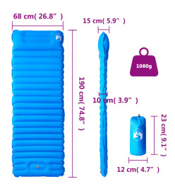 Matelas de camping autogonflant avec oreiller intégré bleu