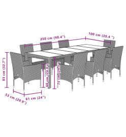 Ensemble à manger de jardin et coussins 9 pcs blanc rotin verre