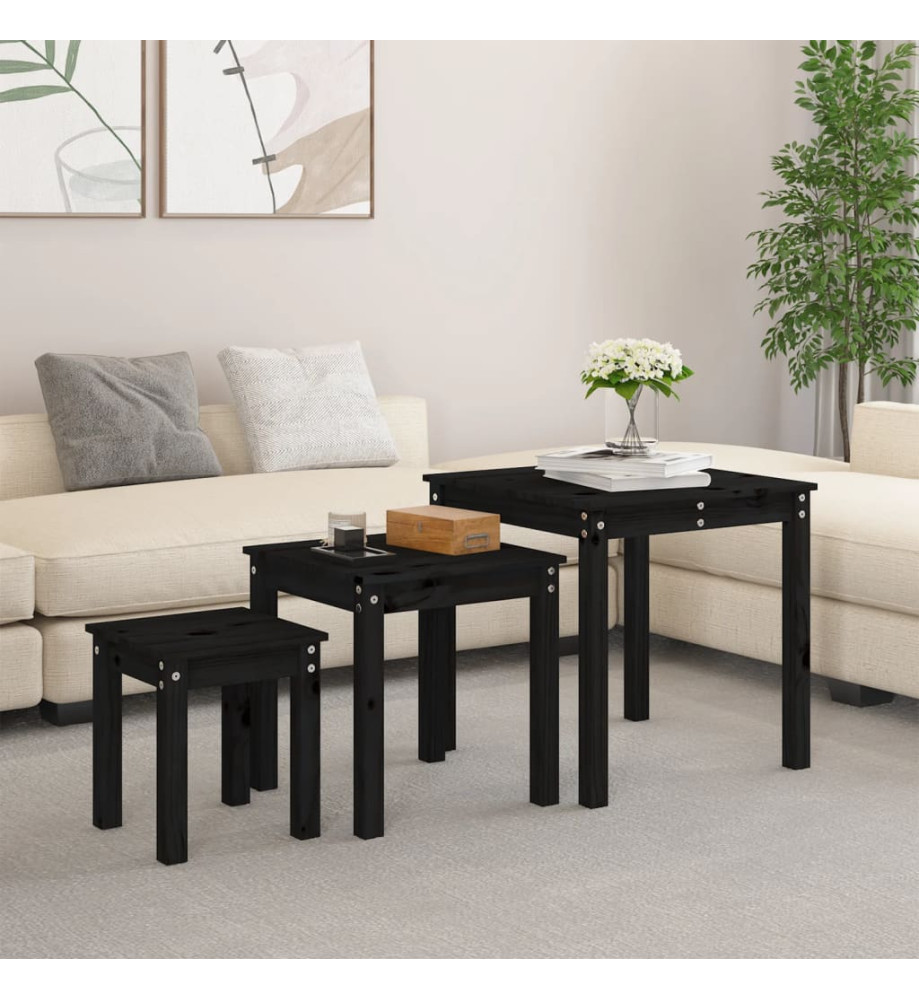 Tables gigognes 3 pcs Noir Bois de pin massif