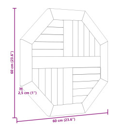 Dessus de table 60x60x2,5 cm octogonal bois de teck massif