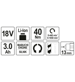 YATO Perceuse-visseuse sans cordon 2 batteries Li-ion 3,0Ah 18V 40Nm