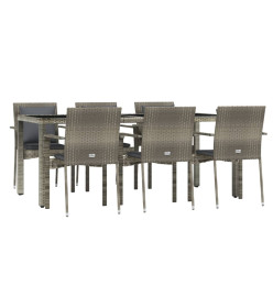 Mobilier à dîner de jardin et coussins 7 pcs gris rotin