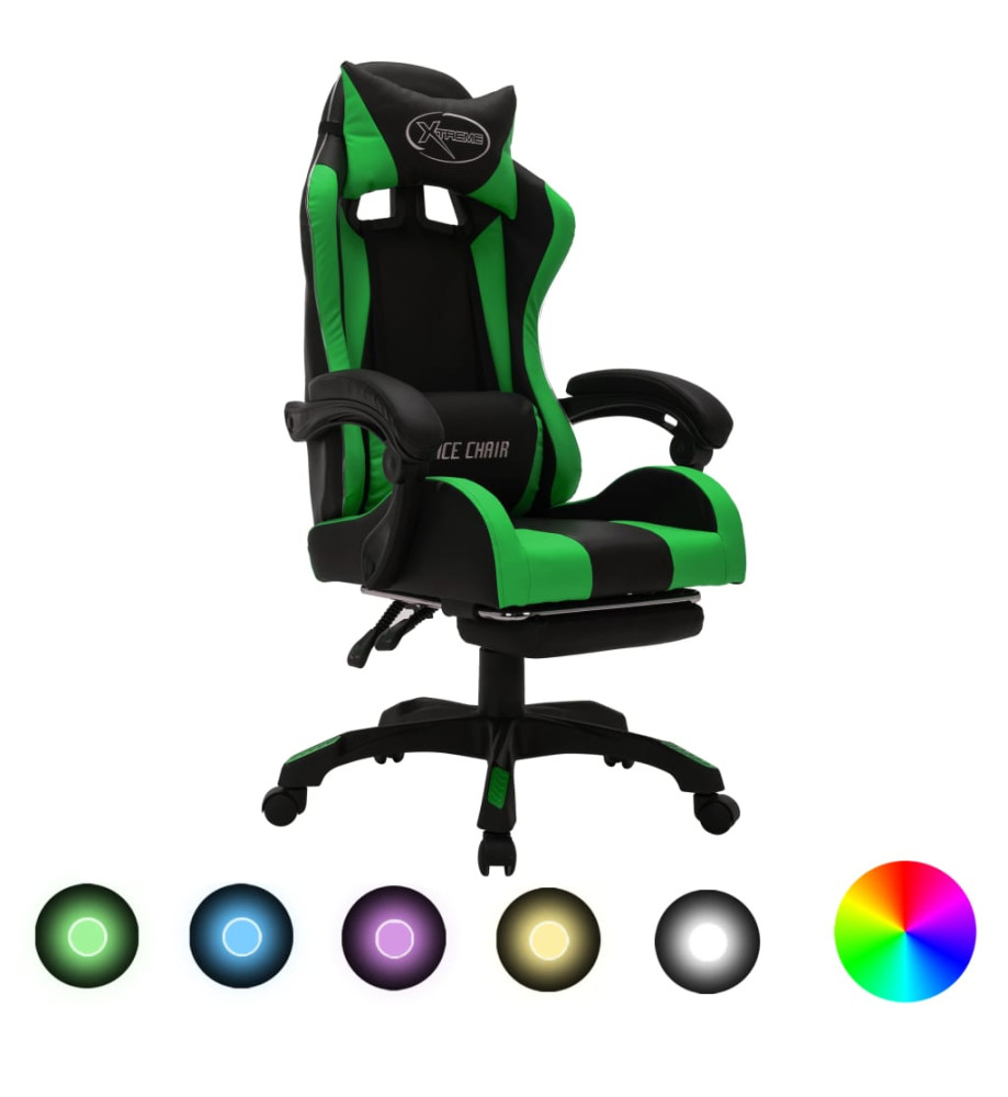 Fauteuil de jeux vidéo avec LED RVB Vert et noir Similicuir