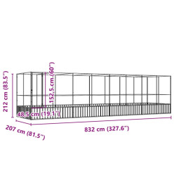 Volière avec extension argenté 832x207x212 cm acier