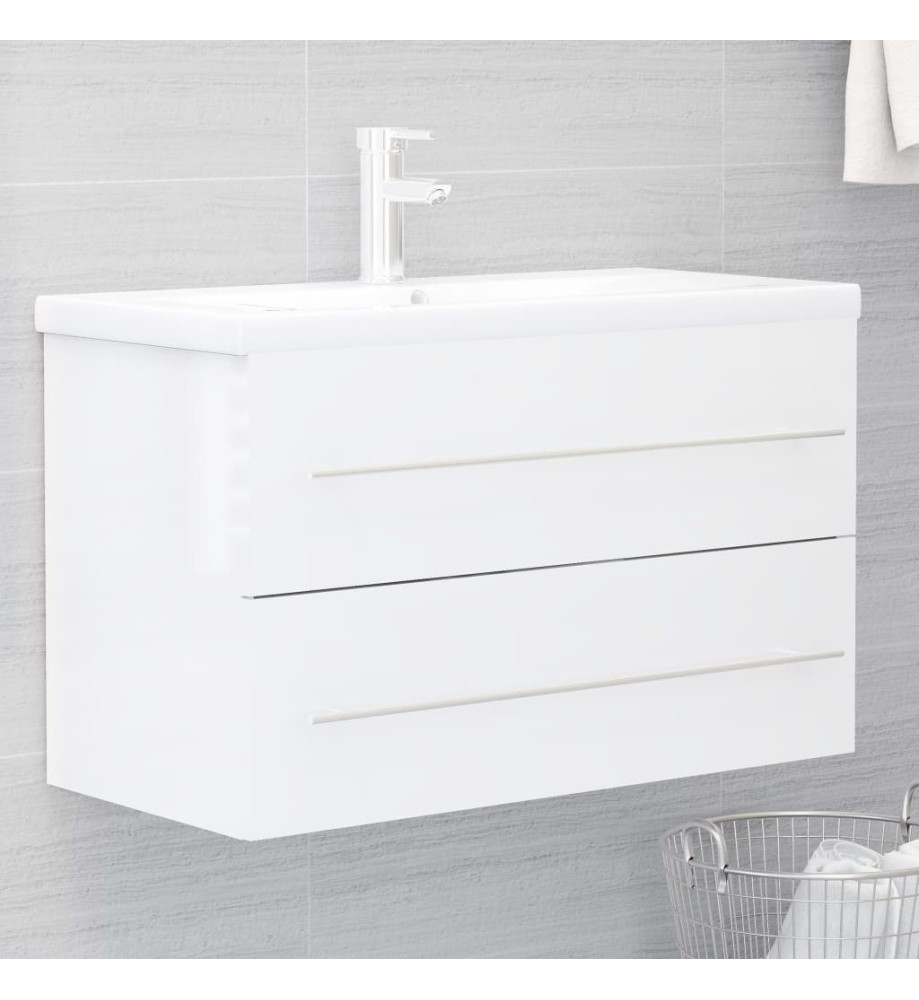 Armoire d'évier avec lavabo intégré Blanc brillant Aggloméré