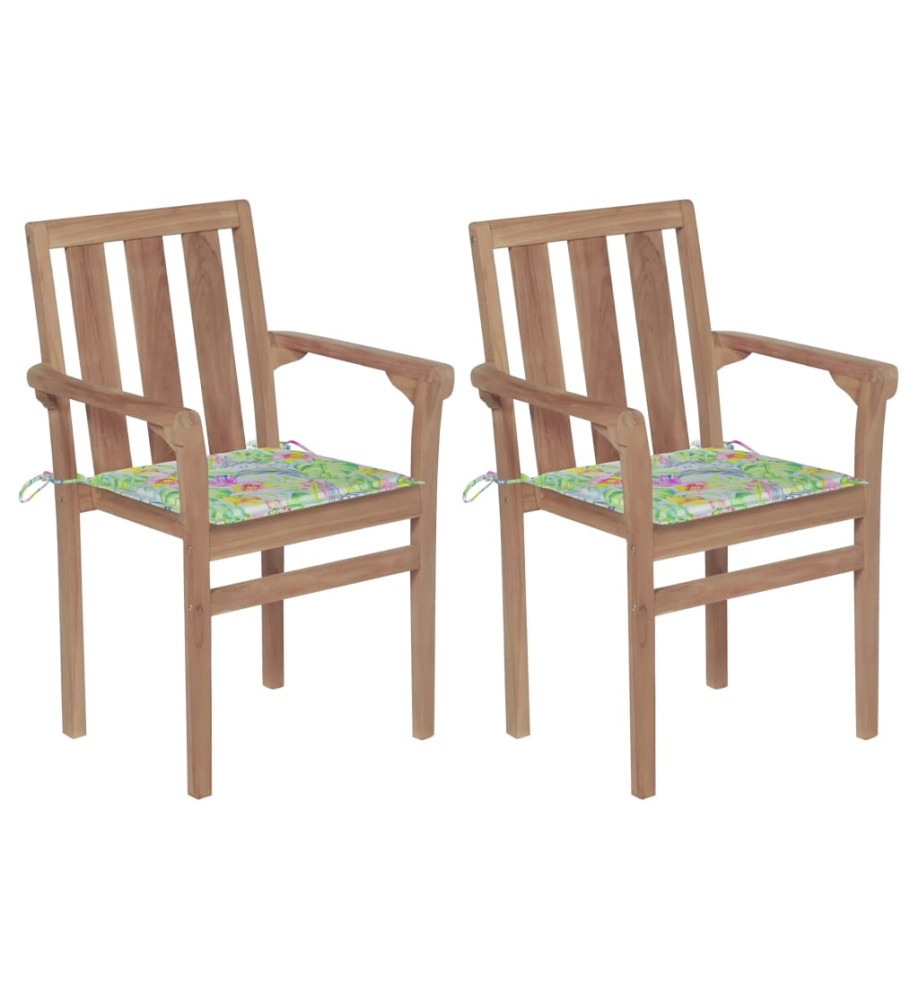 Chaises de jardin 2 pcs avec coussins à motif de feuilles Teck