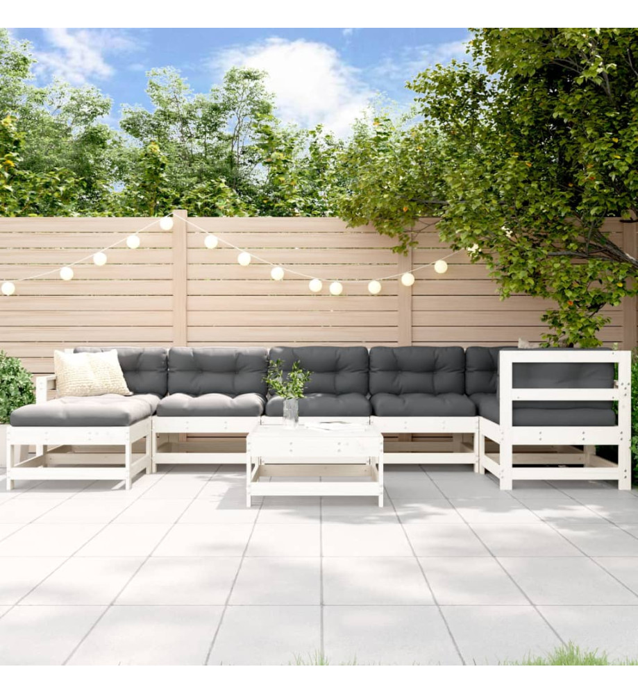 Salon de jardin 8 pcs avec coussins blanc bois massif