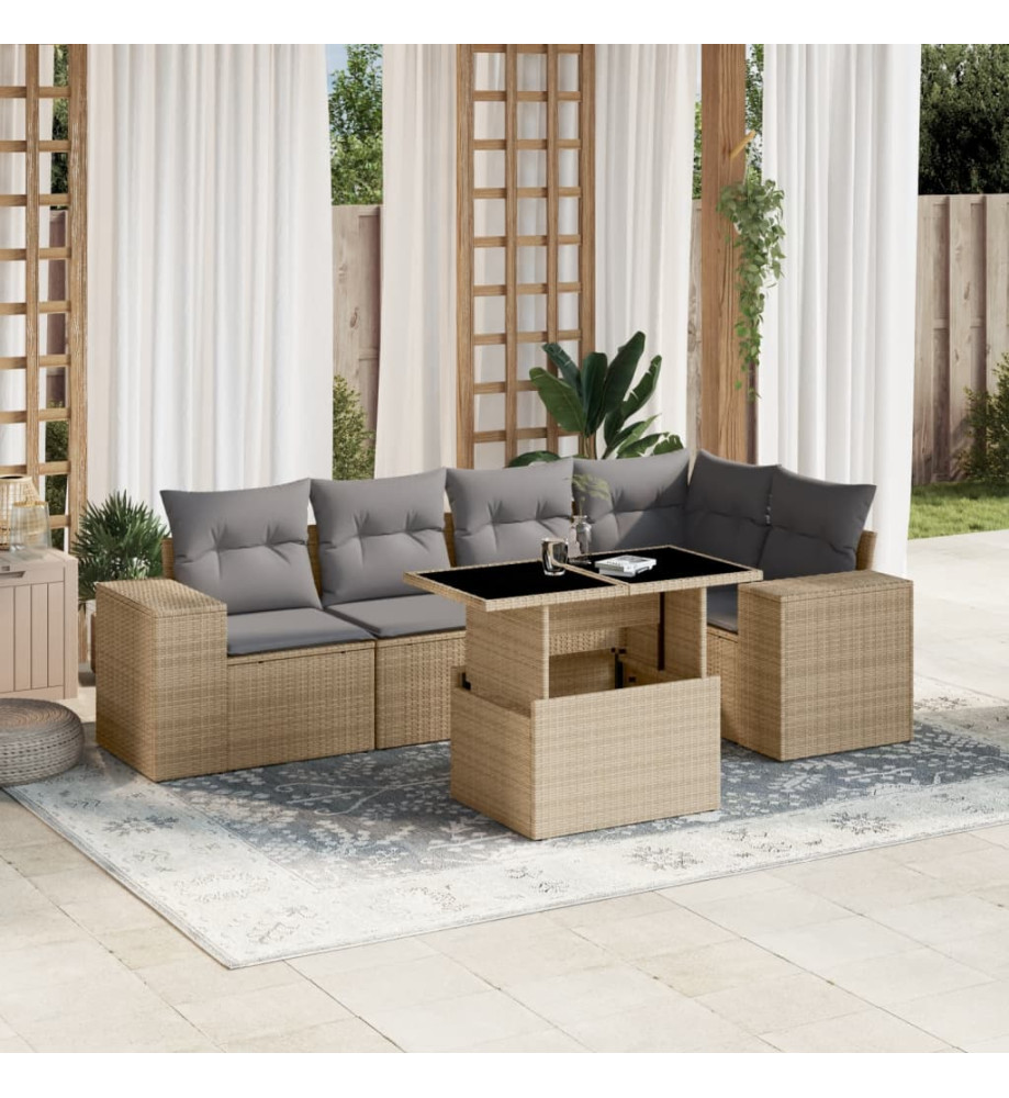 Salon de jardin avec coussins 6 pcs beige résine tressée
